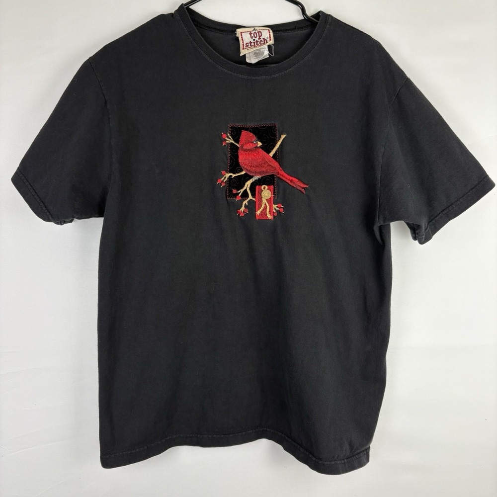 Top Stitch Vintage Embroidered Red Cardinal Black Short Sleeve Shirt Womens L